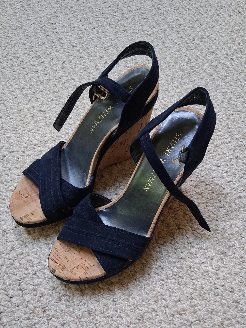 Stuart Weitzman Navy Suede Cork Wedge Sandals